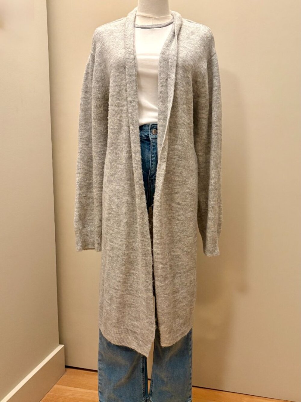 Light Gray Open-Front Long Cardigan Sweater